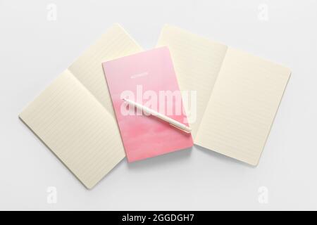 Eleganti notebook e penna su sfondo bianco Foto Stock