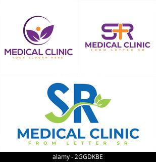 Clinica medica sanitaria con foglie e croce medica più lettera SR logo design Illustrazione Vettoriale