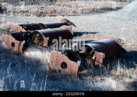 Caldaie a motore a vapore abbandonate, Arthurs Pass, Canterbury, Isola del Sud, Nuova Zelanda Foto Stock