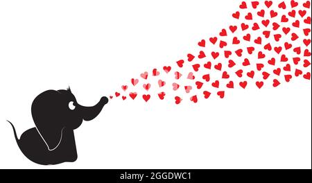 Baby elefante silhouette soffiare cuori rossi con il suo tronco illustrazione, vettore. Personaggio cartoon. Arte da parete infantile, decalcomanie da parete, opere d'arte, poster Illustrazione Vettoriale