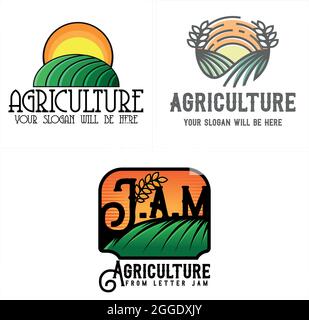 Agricoltura con campo di terra foglia di erba e logo del sole Illustrazione Vettoriale