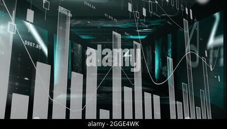 Elaborazione dei dati statistici su schermi con equazioni matematiche su sfondo nero Foto Stock