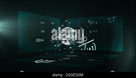 Immagine di un globo con numeri che girano su tre tavole matematica ed equazioni fluttuanti Foto Stock
