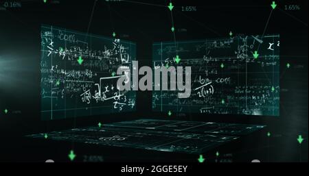 Immagine di formule matematiche e frecce verdi che galleggiano sullo sfondo di tre tavole Foto Stock