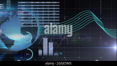 Immagine dei dati e delle informazioni dei grafici che si spostano sullo schermo sopra la griglia e la rotazione del globo Foto Stock