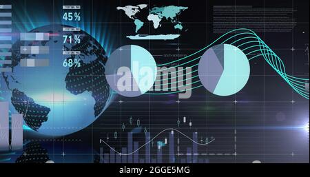Immagine dei dati e delle informazioni dei grafici che si spostano sullo schermo sopra la griglia e la rotazione del globo Foto Stock