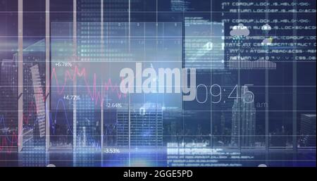 Immagine dei dati dei grafici e delle informazioni che si spostano sullo schermo sopra il modello 3d della città Foto Stock