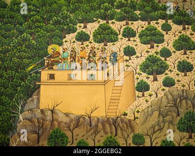Scena di caccia, pittura tradizionale in miniatura, Udaipur, Rajasthan, India Foto Stock