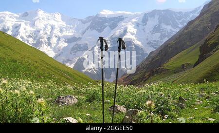Ghiacciaio di Bezengi e il paesaggio glaciale. Gamma Caucasica principale. 'SMall Himalayas', Muro di Bezengi, Kabardino-Balkaria, Russia. Foto Stock