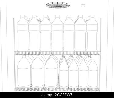 Contorno di un frigorifero negozio con bottiglie di bevande da linee nere isolate su sfondo bianco. Illustrazione vettoriale. Illustrazione Vettoriale