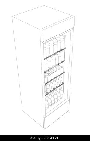 Contorno di un frigo negozio con bottiglie e lattine di bevande da linee nere isolate su sfondo bianco. Vista isometrica. Illustrazione vettoriale. Illustrazione Vettoriale