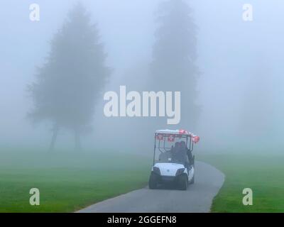 Golf cart a Crans sur Sierre campo da golf con nebbia a Crans Montana in Vallese, Svizzera. Foto Stock