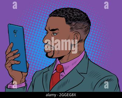 Uomo d'affari nero con uno smartphone Pop Art retro Illustrazione Vettoriale