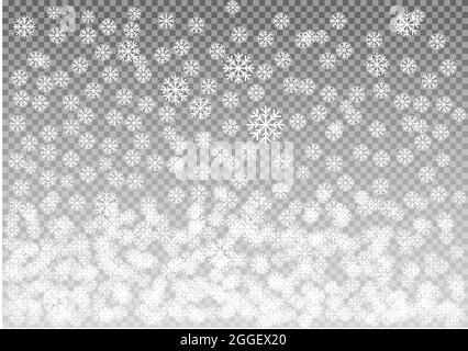 Natale caduta vettore neve isolato su sfondo scuro. Effetto decorativo trasparente fiocco di neve. Modello con fiocco di neve. Magica texture bianca della nevicata. Illustrazione Vettoriale