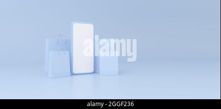 Smartphone con shopping bag su sfondo blu. Concetto di pagamento online. rendering 3d. Foto Stock