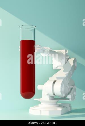 la mano del robot contiene la provetta di sangue. rendering 3d Foto Stock