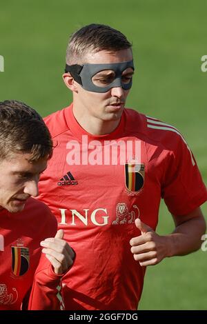 Timothy Castagne in Belgio è stato ritratto durante una sessione di allenamento della squadra nazionale belga di calcio Red Devils per preparare tre partite di qualificazione per la Foto Stock