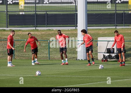 I giocatori del Belgio hanno mostrato durante una sessione di allenamento della squadra nazionale belga di calcio Red Devils per preparare tre partite di qualificazione per il Worl 2022 Foto Stock