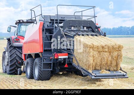 Durante la mietitura, un trattore forma delle carrucole di paglia in bricchetti densi in un campo di grano. Primo piano, spazio di copia. Foto Stock