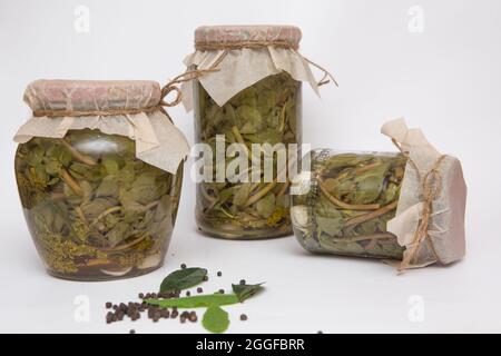 verdure in scatola in vasetti di vetro isolati su uno sfondo bianco una risorsa ecologica naturale alimentare per l'inverno Foto Stock