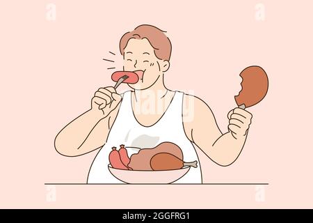 Sopra mangiare e dieta malsana concetto. Uomo grasso seduto mangiare salsicce di carne con appetito overeating vita insalubre stile di vita illustrazione vettoriale Illustrazione Vettoriale