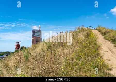 Il Nordsternpark, ex sito della colliria Nordstern, torre tortuosa, torre Nordstern, scultura di Ercole, piramide panoramica, A Gelsenkirchen, NRW, Foto Stock