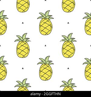 Modello senza cuciture di ananas disegnato a mano giallo per il design. Motivo senza fine su sfondo bianco per stampe, tessuti, imballaggi Illustrazione Vettoriale