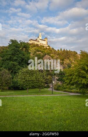 Vista di Marksburg dal parco giardino di rose sulle rive del reno Foto Stock