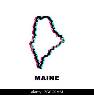 Glitch Map of Maine state Stati Uniti d'America, Alabama Outline. Contorno luminoso blu. Illustrazione vettoriale. Illustrazione Vettoriale