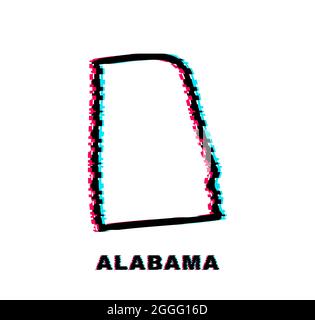 Glitch Map of Alabama state United States of America, Alabama Outline. Contorno luminoso blu. Illustrazione vettoriale. Illustrazione Vettoriale