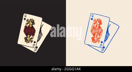 Carte da gioco in stile vintage doodle. Spades Queen. Disegno a mano inciso doodle. Illustrazione vettoriale per tatuaggio o t-shirt. Illustrazione Vettoriale