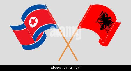 Bandiere incrociate e sventolanti dell'Albania e della Corea del Nord Illustrazione Vettoriale