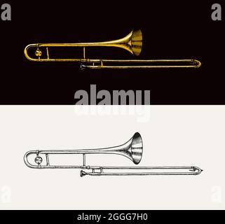 Vento musicale strumento jazz trombone. Illustrazione Vettoriale tromba classica in doodle outline stile. Disegnato a mano inciso monocromatica schizzo per il logo Illustrazione Vettoriale