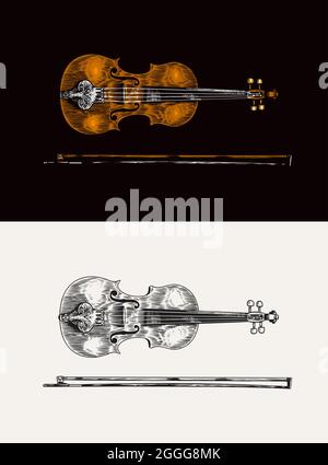 Jazz violino e archetto in monocromia incisi in stile vintage. Disegnata a mano fiddle schizzo per il blues e il ragtime festival poster. Musicale a corde classica Illustrazione Vettoriale