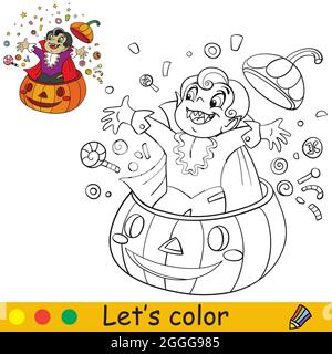 Divertente vampiro salta da una zucca con dolci. Concetto di Halloween. Pagina libro da colorare per bambini con modello colorato. Vettore cartoon illustrati Illustrazione Vettoriale