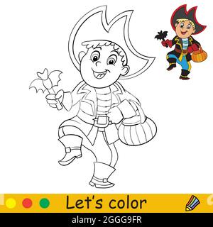 Ragazzo divertente in costume da pirata. Concetto di Halloween. Pagina libro da colorare per bambini con modello colorato. Illustrazione di un cartoon vettoriale. Per la stampa, eseguire la preselezione Illustrazione Vettoriale