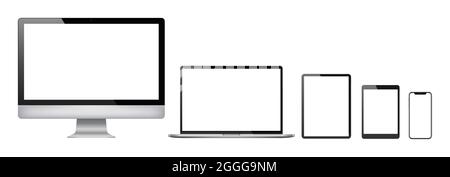 Set realistico di 2021 nuovi design sottile monitor per computer, notebook, tablet, smartphone - EPS 10 modello vettoriale. Illustrazione Vettoriale