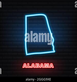 Neon Mappa di Alabama Stato Stati Uniti d'America, Alabama contorno. Contorno luminoso blu. Illustrazione vettoriale. Illustrazione Vettoriale