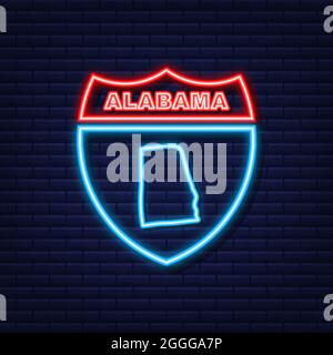 Neon Mappa di Alabama Stato Stati Uniti d'America, Alabama contorno. Contorno luminoso blu. Illustrazione vettoriale. Illustrazione Vettoriale