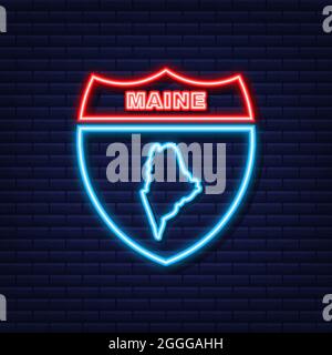 Mappa del neon del Maine state Stati Uniti d'America, profilo dell'Alabama. Contorno luminoso blu. Illustrazione vettoriale. Illustrazione Vettoriale