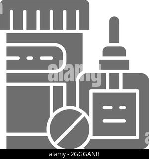 Flacone e pillole di medicina, gocce medico icona grigia. Illustrazione Vettoriale