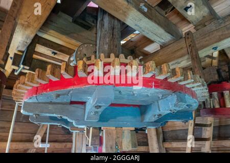 Genk, Belgio - 11 agosto 2021: Domein Bokrijk. Ruota del mulino dentato di Galgenmolen dove tutto sulla foto è fatto di legno Foto Stock