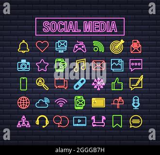Imposta icona neon social media. Icona del telefono. Comunicazione digitale. Bolla chat. Illustrazione dello stock vettoriale. Illustrazione Vettoriale