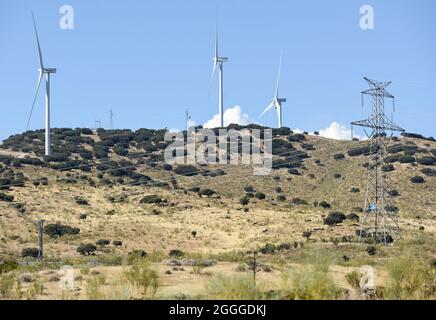 Madrid. 30 ago 2021. Foto scattata il 30 agosto 2021 mostra turbine eoliche a Plasencia, Spagna. I prezzi dell'elettricità in Spagna hanno raggiunto un massimo di tutti i tempi lunedì, secondo OMIE, l'operatore del mercato Iberico dell'energia.PER ANDARE CON 'i prezzi dell'elettricità impennano ai massimi record in Spagna' credito: Gustavo Valiente/Xinhua/Alamy Live News Foto Stock