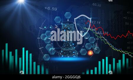 Gioco di scacchi su scacchiera dietro gli indicatori della tabella del forex o grafico del mercato azionario in background astratto. Business Concept per presentare informazioni finanziarie Foto Stock