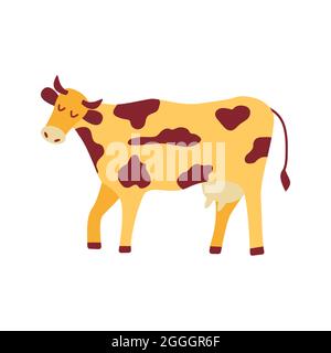 Passeggiata carina della mucca. Casa, agricoltura. Grande animale, caseificio, bestiame bovino. Disegno a mano isolato vettoriale colorato Illustrazione Vettoriale