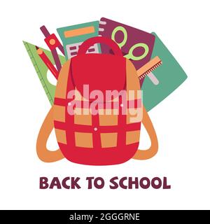 Zaino scuola con forniture. Ritorno alla scuola illustrazione vettoriale. Set di notebook, bussole, righello e matita, forbici e calcolatrice Illustrazione Vettoriale