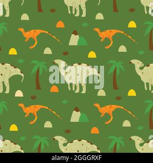 Senza cuciture Dinosauri parasaurolophus e gallimus. Animale onnivoro, estinto rettile antico, periodo jurassico. Illustrazione vettoriale colorata h Illustrazione Vettoriale