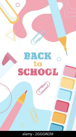 Torna a scuola banner concetto in stile piatto pastello, isolato su sfondo astratto colorato. Illustrazione Vettoriale