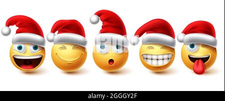 Set vettore sorridente di Natale. Collezione di icone di personaggi emoji xmas con santa Hat isolato su sfondo bianco per elementi grafici di design. Vettore Illustrazione Vettoriale